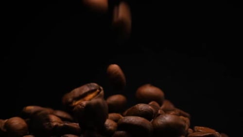 Zeitlupe fallender gerösteter Kaffeebohnen.