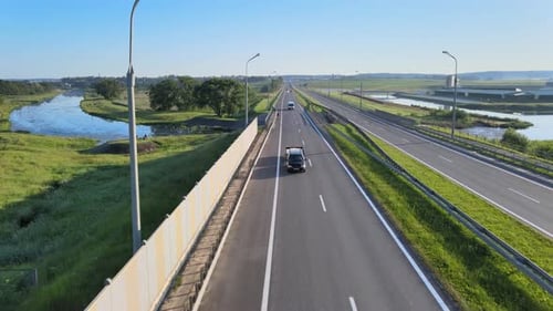 The Highway Near Countryside, Road Junction View From Height, Traffic on the Road