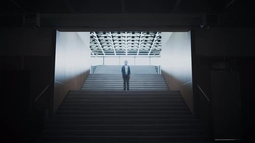 Sad Boy Standing Alone on School Staircase