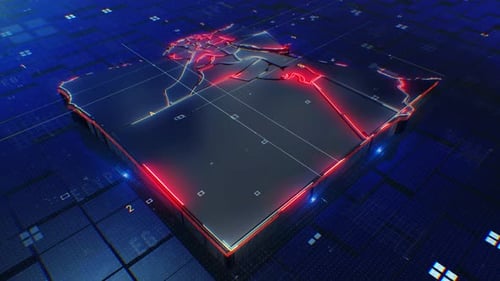 Futuristic Digital Map Outline with Glowing Technology Lines Reveal