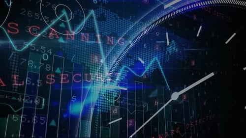 Heart rate monitor and Digital clock icon against stock market data processing