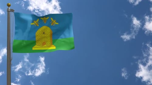 Animated Flag with Beehive and Bees Waving in Blue Sky
