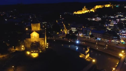 Nighttime view of Metekhi Church of Assumption, tourist attraction in Georgia