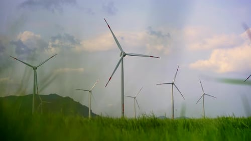 Wind Turbines Spinning in a Green Field
