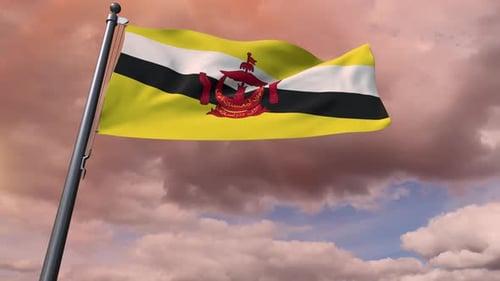 Brunei Darussalam Flag Waving Against Cloudy Sky