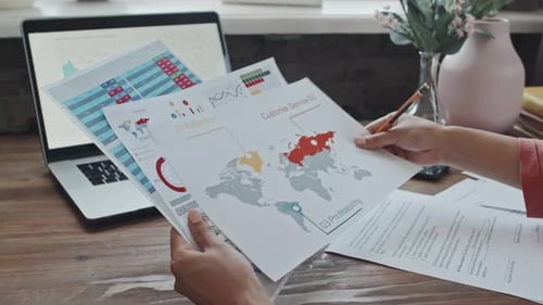 Woman reviewing business reports at wooden desk