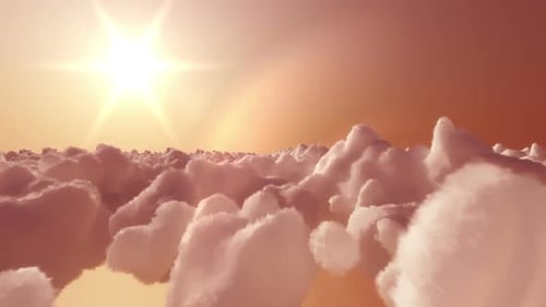 Flying Through Soft Clouds with a Bright Sunset Sky