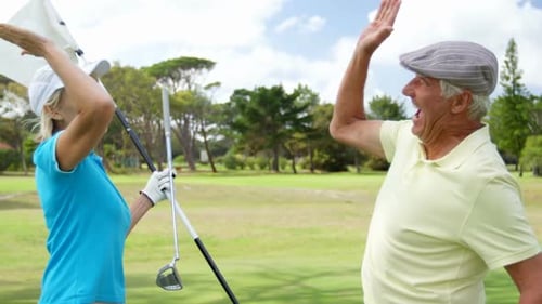 Golfers Celebrating with a High-Five on Sunny Course
