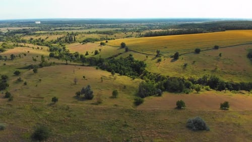 Aerial View of Green Fields and Hills on the Countryside, Green Valley, Village Skyline
