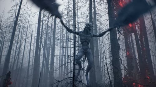 Terrifying Winged Creature in a Foggy Haunted Forest