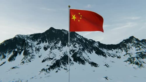 Chinese Flag Unfurls on Snowy Mountain Peak Animation
