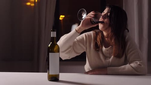 Lonely Woman Drinking Wine At Night
