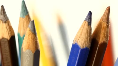 Top of Lotsa Different Colour Pencils on White, Rotation, Close Up