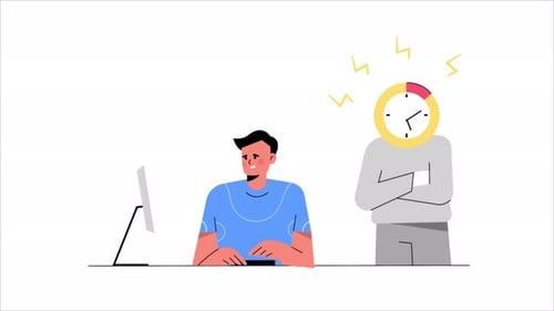 Animated Man Working Under Time Pressure at Office Desk