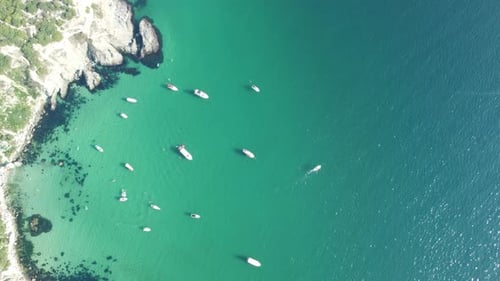 Aerial Panoramic View of Seascape with Crystal Clear Azure Sea and Rocky Shores