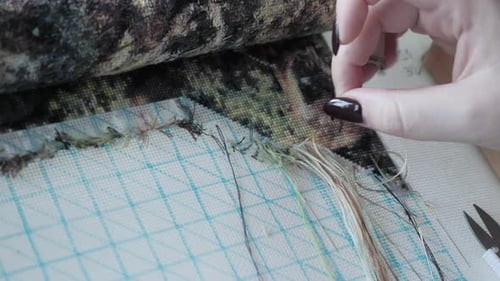 Hand Embroidering Detailed Forest Landscape Close Up