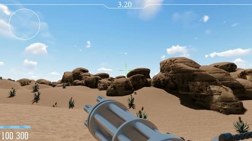 Futuristic First-Person Shooter HUD with Desert Landscape