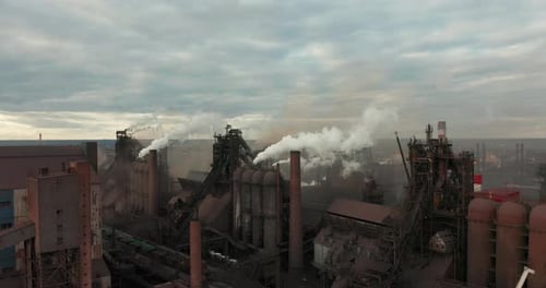 Air Pollution. Clouds of Smoke Coming From the Chimneys of the Plant. Drone Flying Over Smoking