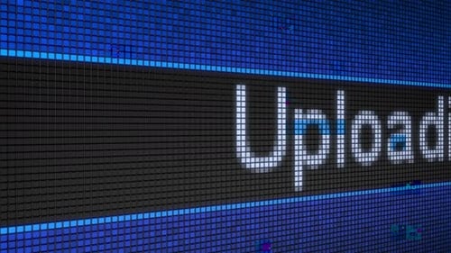 Pixelated Uploading Text on Glitch Digital Screen