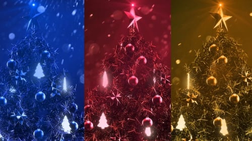 Festive Christmas Tree Animation with Glowing Ornaments and Falling Snow