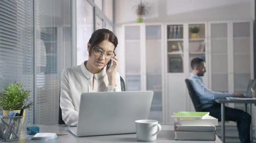 Woman Works at Laptop While on Phone