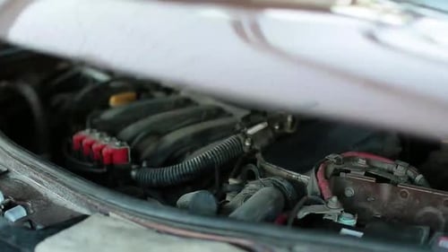 Man Opening Car Hood and Checking Oil Level Car Engine Outdoors. Hands of a Man Close Up.