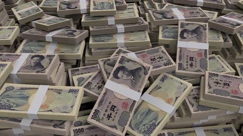 Falling Japanese Yen Currency Stacks Creating a Large Pile Loop