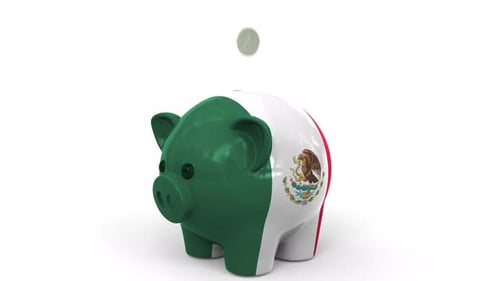 Coins Fall Into Piggy Bank Painted with Flag of Mexico