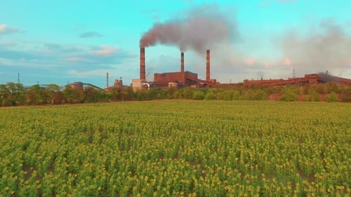 Aerial View. Metallurgical Plant. Smoke Coming Out of Factory Pipes
