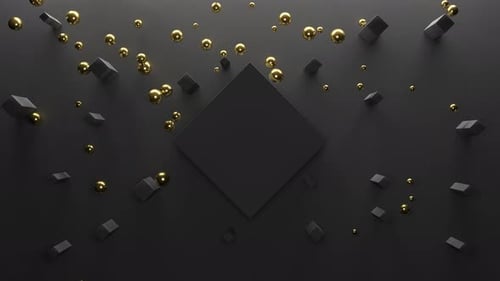 Golden Spheres Fall Against the Dark Wall and Bounce Off the Central Big Block and Scattered Small