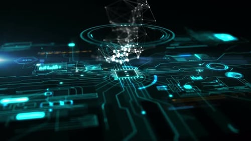 Futuristic Digital Circuit Board Display with Rotating Data Network