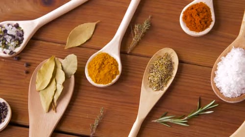 Spoons with Different Spices on Wooden Table 9