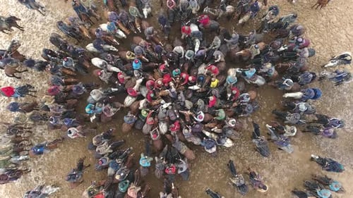 Overhead View of Men on Horses in Rural Area