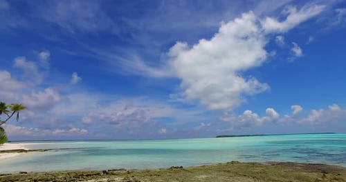 Wide birds eye abstract view of a sandy white paradise beach and blue sea background in 4K