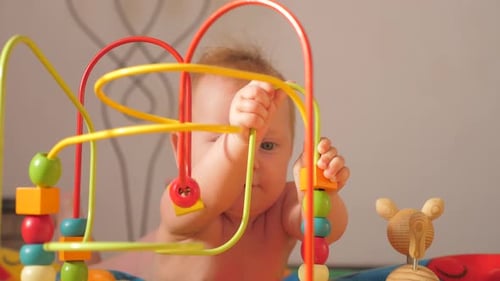 Infant Playing with Activity Center at Home