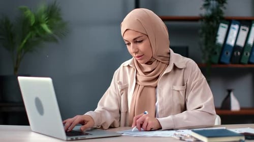 Asian Business Woman Working Checking Document Information Accounting Paperwork Use Internet Laptop