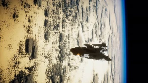 Futuristisches Raumschiff in der Nähe der Erde. Elemente dieses von der NASA bereitgestellten Bildes