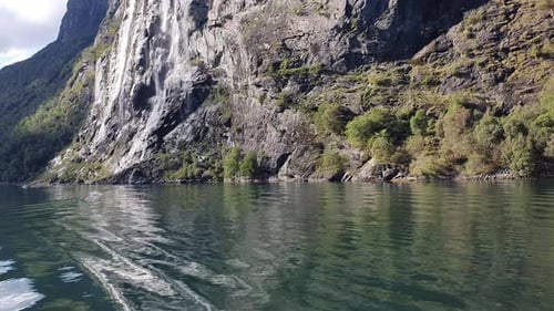 Dolly up to the seven sisters waterfalls in Geiranger Fjord Norway