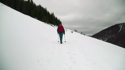 Person Hiking in Snowy Mountains During Winter