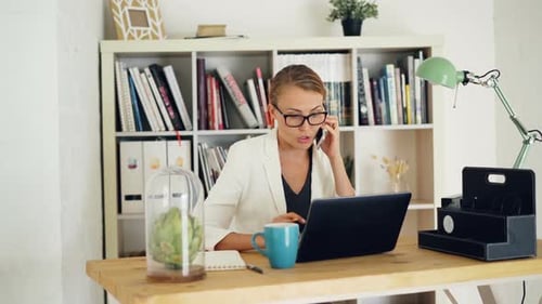 Woman Talking on Phone while Using Laptop at Desk