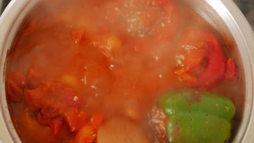 Cook Rührpfanne mit kochender roter Paprika, gefüllt mit Reis und Hackfleisch — Ansicht von oben nach unten