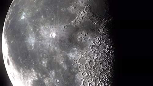 Detailed Crescent Moon Animation with Rotating Craters in Space