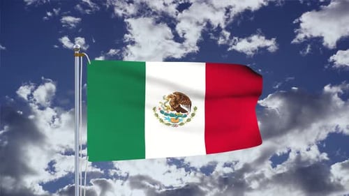 Realistic Mexican Flag Waving in Cloudy Blue Sky