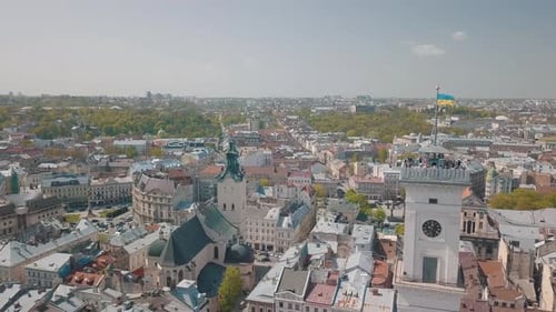 Aerial City Lviv, Ukraine. European City. Popular Areas of the City. Town Hall