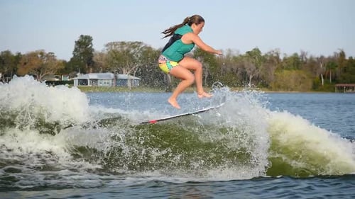 A young woman wake surfing behind a boat on a lake.
