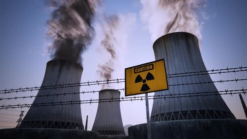 Nuclear power plant steaming cooling towers. Air pollution power station.Sunset