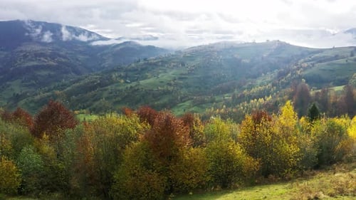Fly Over Landscapes of Green Hills Under a Layer of White and Fluffy Clouds