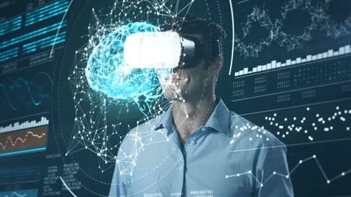 Man Using Virtual Reality Headset and Futuristic Screen