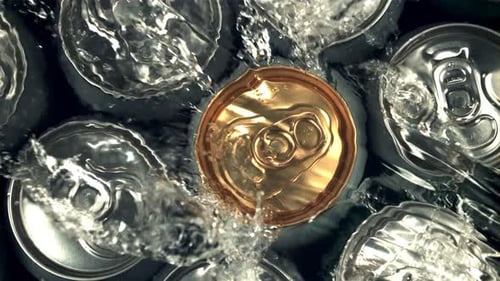 Super Slow Motion on the Beer in Tins Drops Water