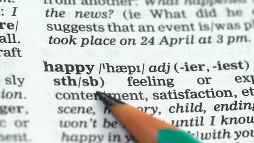 Happy Word Pointed in Dictionary, Positive State of Mind, Satisfaction With Life